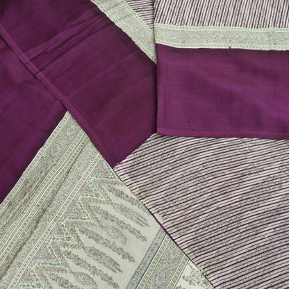Indian Vintage Purple & Cream Saree 100% Pure Silk Printed Sari Craft Fabric 6yd Sewing Dress Making Soft Stripes Crafting Quilting Upcycle