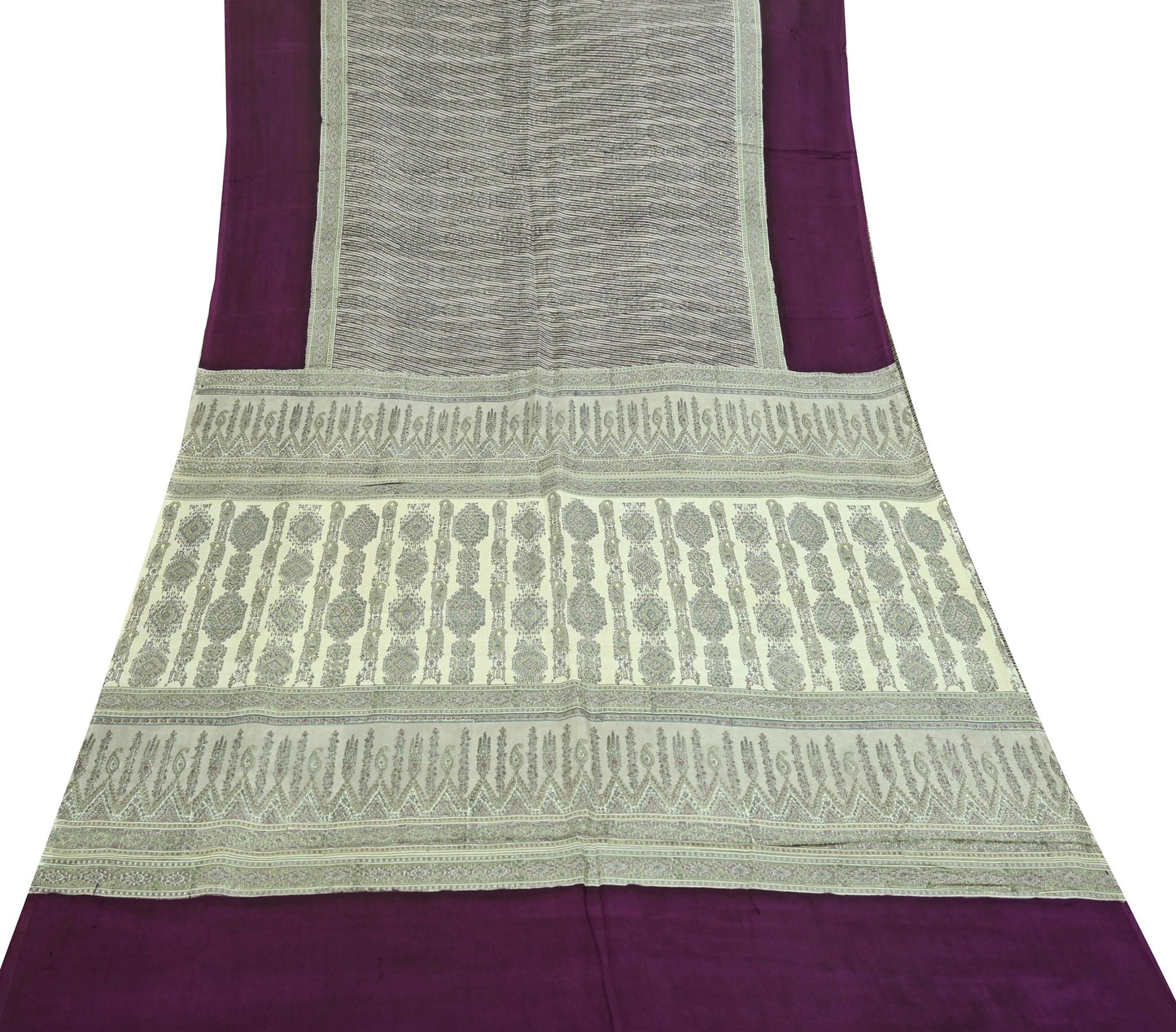 Indian Vintage Purple & Cream Saree 100% Pure Silk Printed Sari Craft Fabric 6yd Sewing Dress Making Soft Stripes Crafting Quilting Upcycle