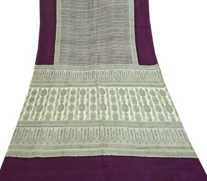 Indian Vintage Purple & Cream Saree 100% Pure Silk Printed Sari Craft Fabric 6yd Sewing Dress Making Soft Stripes Crafting Quilting Upcycle