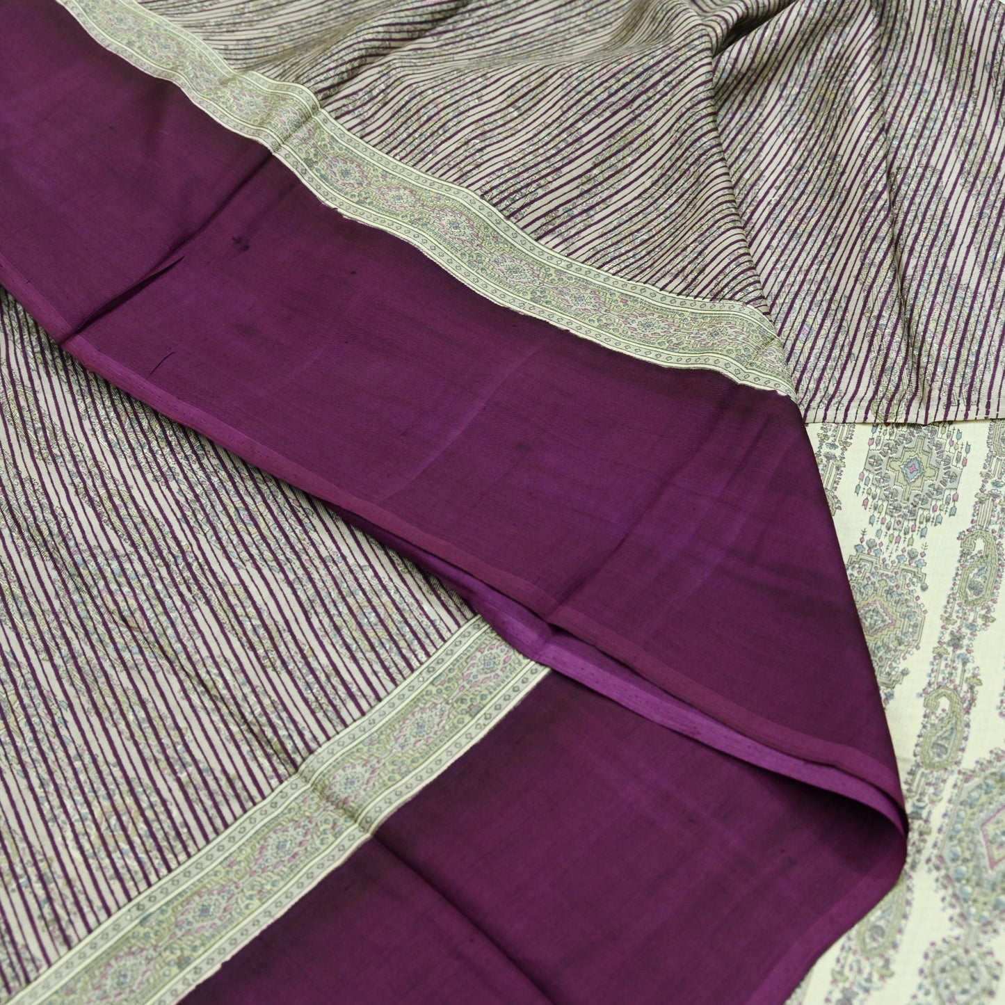 Indian Vintage Purple & Cream Saree 100% Pure Silk Printed Sari Craft Fabric 6yd Sewing Dress Making Soft Stripes Crafting Quilting Upcycle