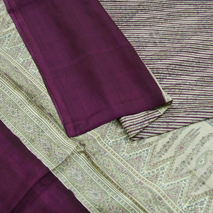 Indian Vintage Purple & Cream Saree 100% Pure Silk Printed Sari Craft Fabric 6yd Sewing Dress Making Soft Stripes Crafting Quilting Upcycle