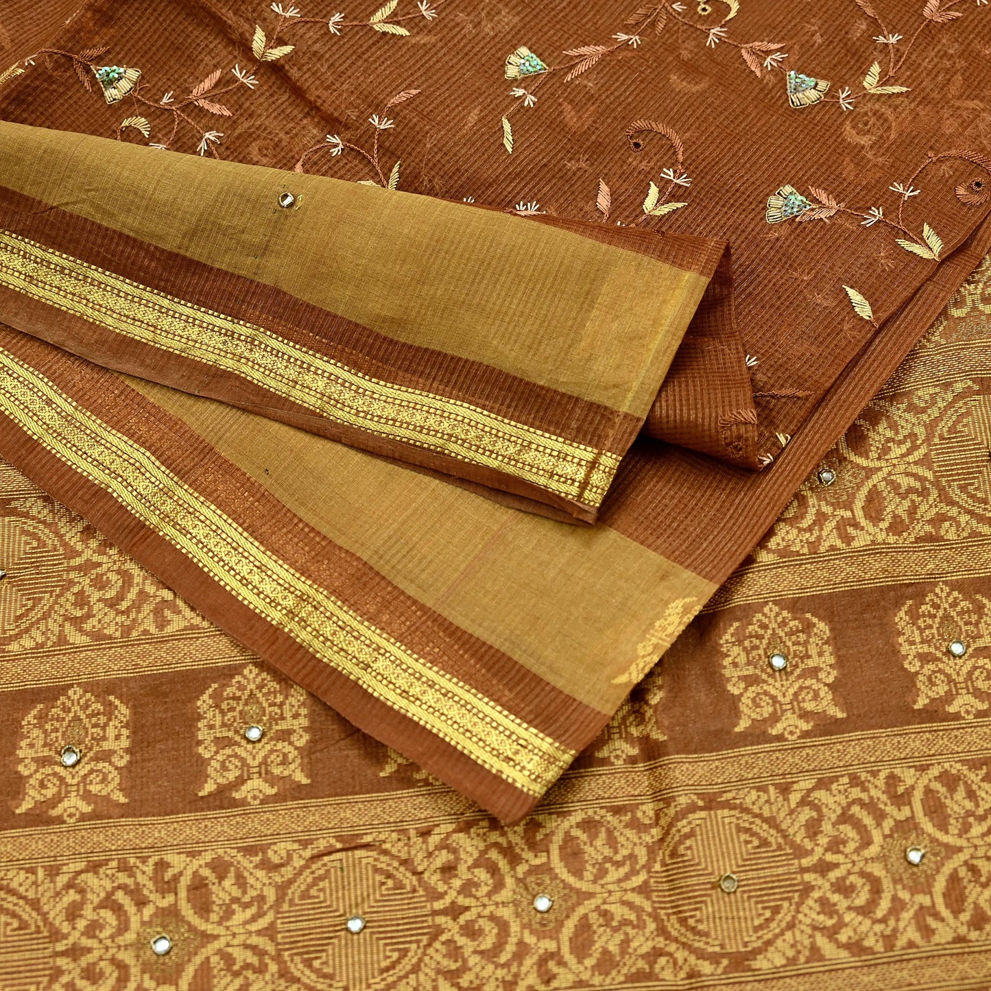 Indian Vintage Sari Brown Hand Woven 100% Pure Silk Saree Craft Fabric 5Yd Dress Making Crafting Quilting Upcycle Zardozi Ethnic