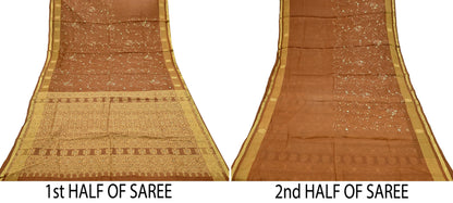 Indian Vintage Sari Brown Hand Woven 100% Pure Silk Saree Craft Fabric 5Yd Dress Making Crafting Quilting Upcycle Zardozi Ethnic