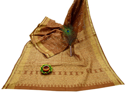 Indian Vintage Sari Brown Hand Woven 100% Pure Silk Saree Craft Fabric 5Yd Dress Making Crafting Quilting Upcycle Zardozi Ethnic