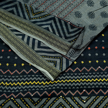 Indian Vintage Sari Black Pure Cotton Hand Embroidered Sarees Kantha Fabric 5yd Sewing Floral Soft Dress making Crafting Quilting