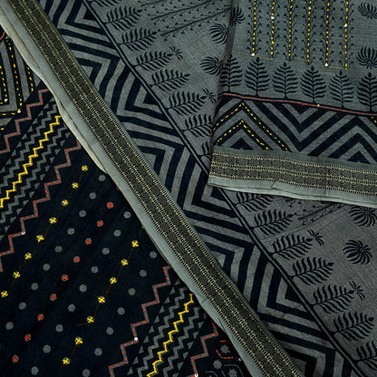 Indian Vintage Sari Black Pure Cotton Hand Embroidered Sarees Kantha Fabric 5yd Sewing Floral Soft Dress making Crafting Quilting