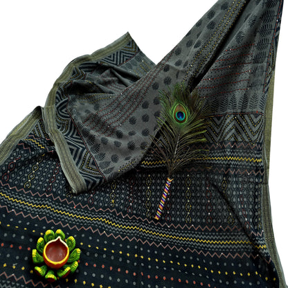 Indian Vintage Sari Black Pure Cotton Hand Embroidered Sarees Kantha Fabric 5yd Sewing Floral Soft Dress making Crafting Quilting