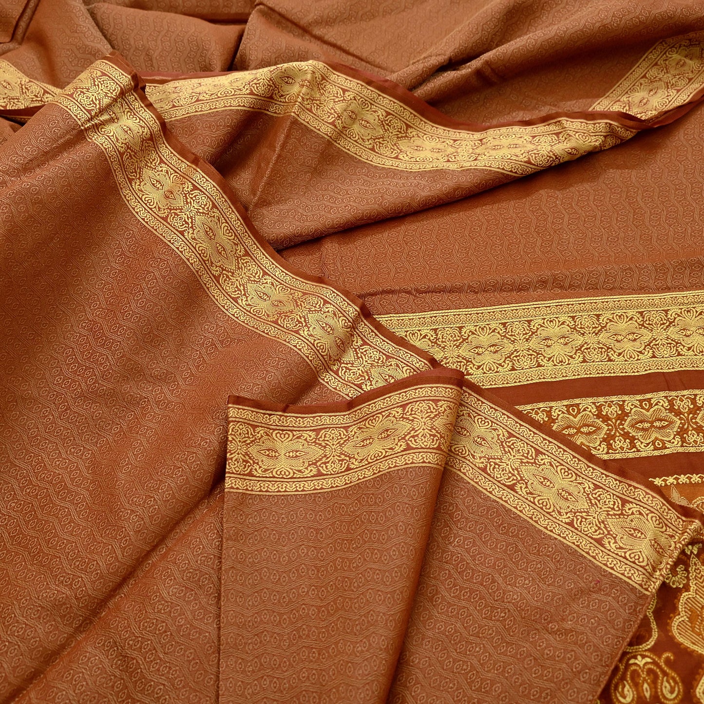 Indian Vintage Sari Brown Hand Woven 100% Pure Organza Silk Saree Craft Fabric 5Yd Dress Making Crafting Quilting Upcycle Fringes