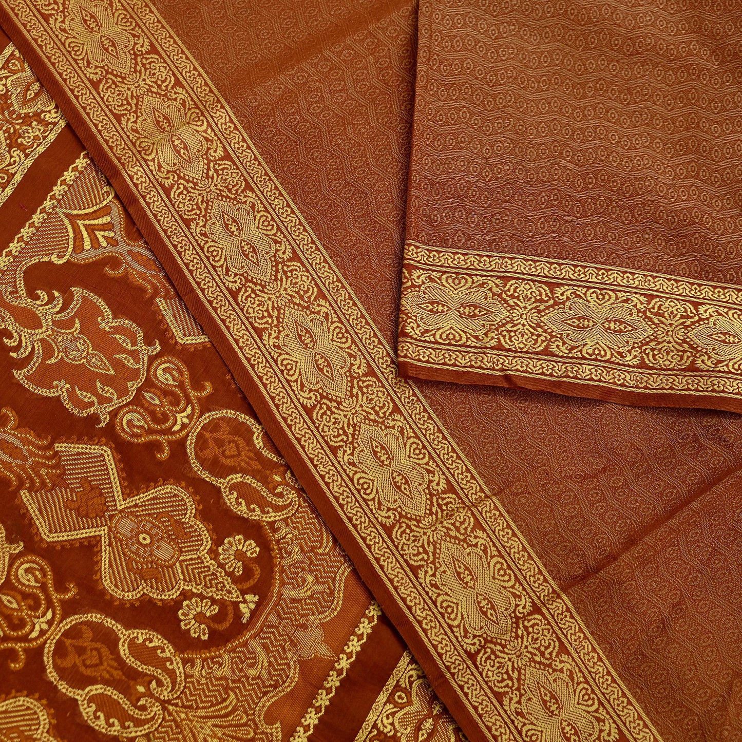 Indian Vintage Sari Brown Hand Woven 100% Pure Organza Silk Saree Craft Fabric 5Yd Dress Making Crafting Quilting Upcycle Fringes