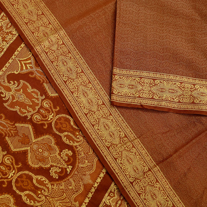 Indian Vintage Sari Brown Hand Woven 100% Pure Organza Silk Saree Craft Fabric 5Yd Dress Making Crafting Quilting Upcycle Fringes