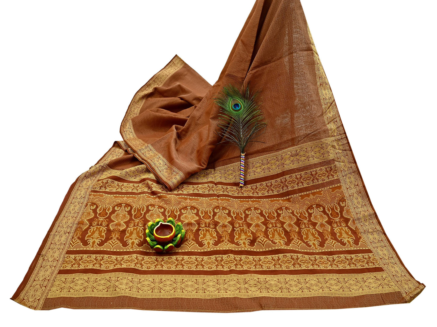 Indian Vintage Sari Brown Hand Woven 100% Pure Organza Silk Saree Craft Fabric 5Yd Dress Making Crafting Quilting Upcycle Fringes
