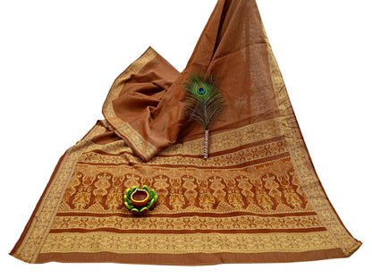 Indian Vintage Sari Brown Hand Woven 100% Pure Organza Silk Saree Craft Fabric 5Yd Dress Making Crafting Quilting Upcycle Fringes
