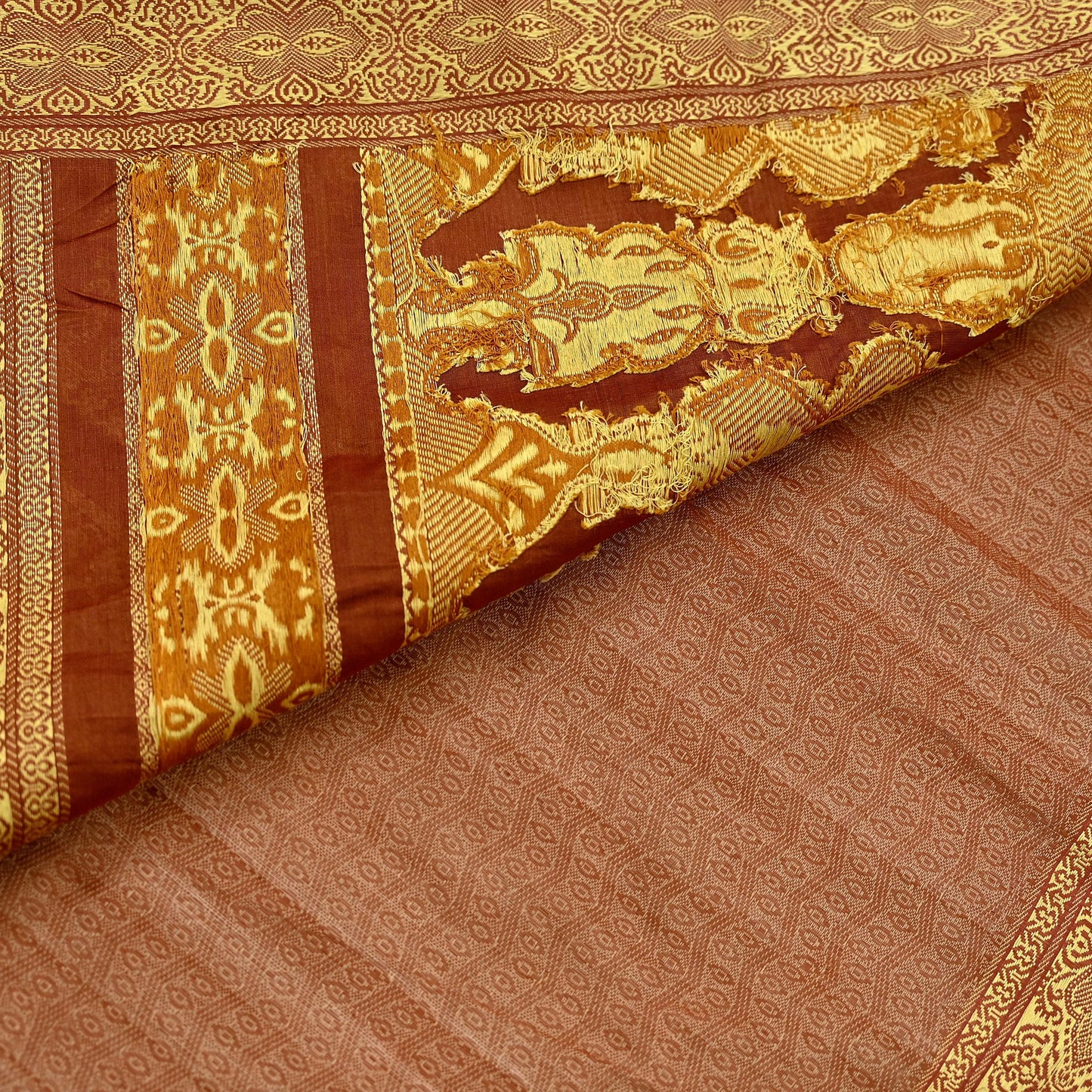 Indian Vintage Sari Brown Hand Woven 100% Pure Organza Silk Saree Craft Fabric 5Yd Dress Making Crafting Quilting Upcycle Fringes