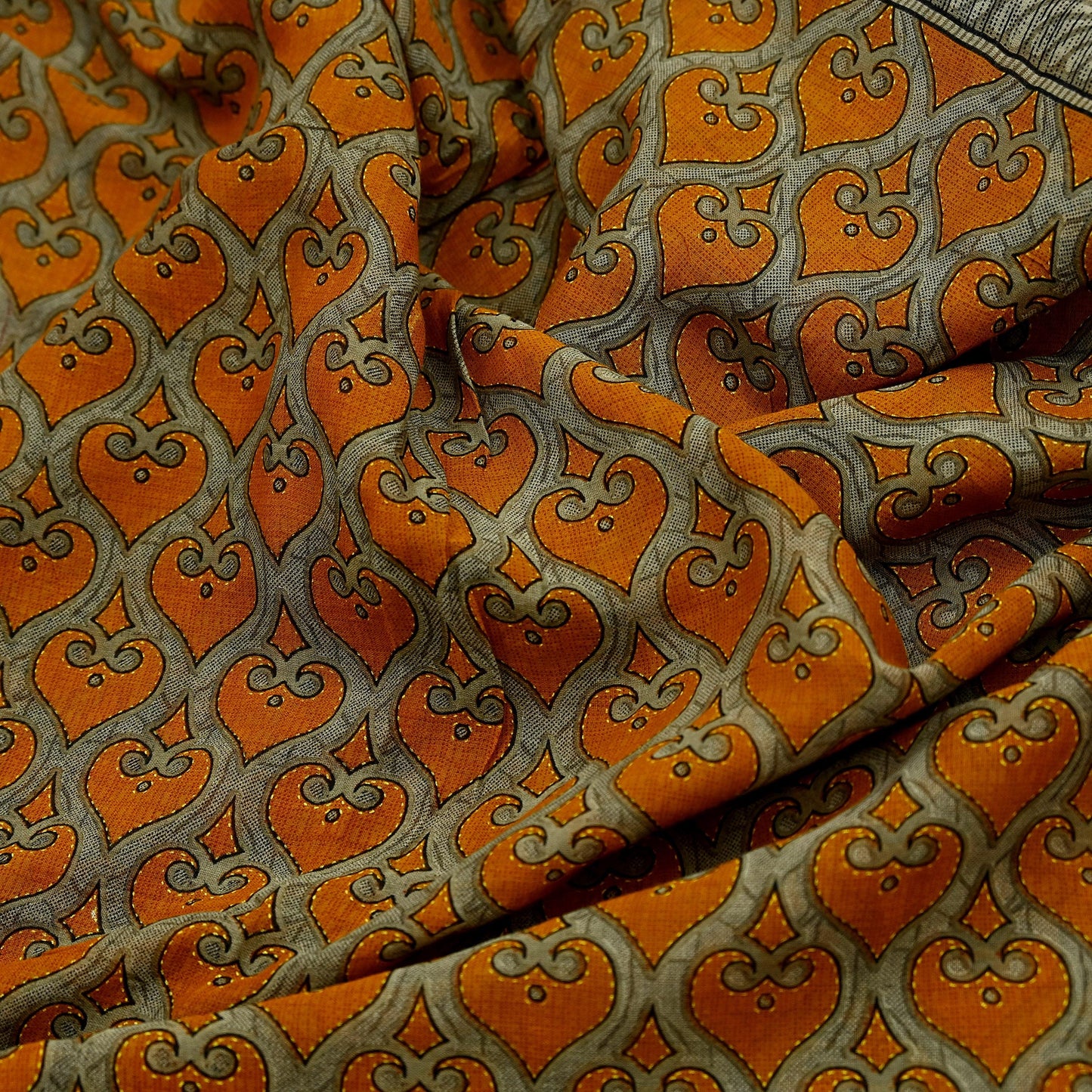 Indian Vintage Brown & Saffron Saree Printed Pure Cotton Indian Sari Craft Fabric 5Yd Soft Sewing Sarong Wrap Boho Floral Dress making