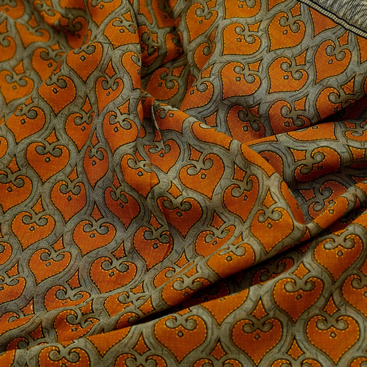 Indian Vintage Brown & Saffron Saree Printed Pure Cotton Indian Sari Craft Fabric 5Yd Soft Sewing Sarong Wrap Boho Floral Dress making