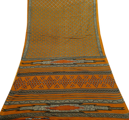 Indian Vintage Brown & Saffron Saree Printed Pure Cotton Indian Sari Craft Fabric 5Yd Soft Sewing Sarong Wrap Boho Floral Dress making