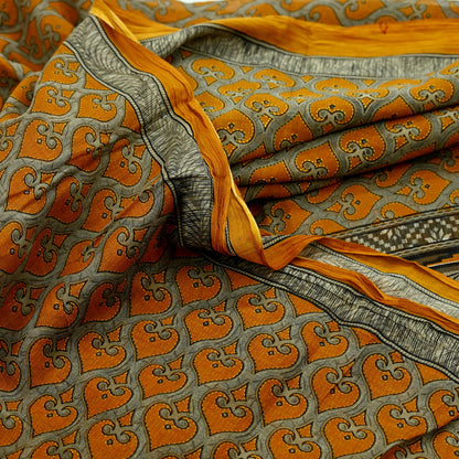 Indian Vintage Brown & Saffron Saree Printed Pure Cotton Indian Sari Craft Fabric 5Yd Soft Sewing Sarong Wrap Boho Floral Dress making