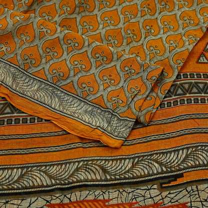 Indian Vintage Brown & Saffron Saree Printed Pure Cotton Indian Sari Craft Fabric 5Yd Soft Sewing Sarong Wrap Boho Floral Dress making