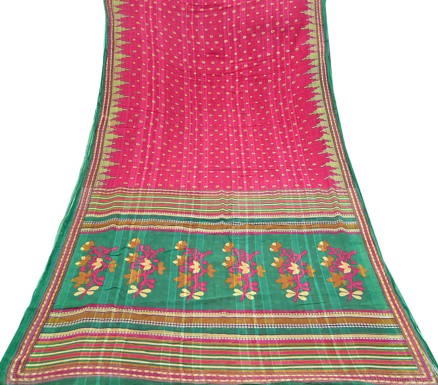 Indian Vintage Sari Pink & Green Printed 100% Pure Cotton Sarees Craft Fabric 5Yd Soft Sewing Sarong Wrap Floral Boho Quilting Crafting Used
