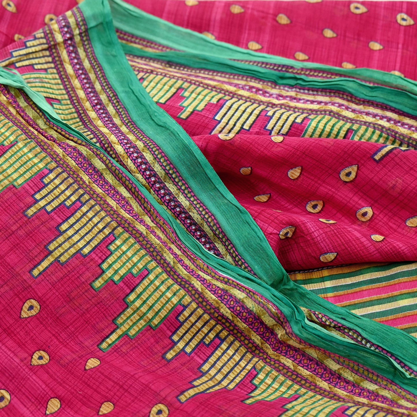 Indian Vintage Sari Pink & Green Printed 100% Pure Cotton Sarees Craft Fabric 5Yd Soft Sewing Sarong Wrap Floral Boho Quilting Crafting Used