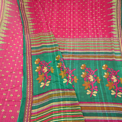 Indian Vintage Sari Pink & Green Printed 100% Pure Cotton Sarees Craft Fabric 5Yd Soft Sewing Sarong Wrap Floral Boho Quilting Crafting Used