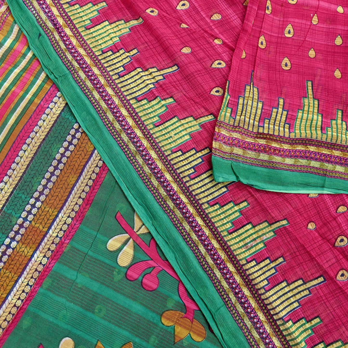Indian Vintage Sari Pink & Green Printed 100% Pure Cotton Sarees Craft Fabric 5Yd Soft Sewing Sarong Wrap Floral Boho Quilting Crafting Used
