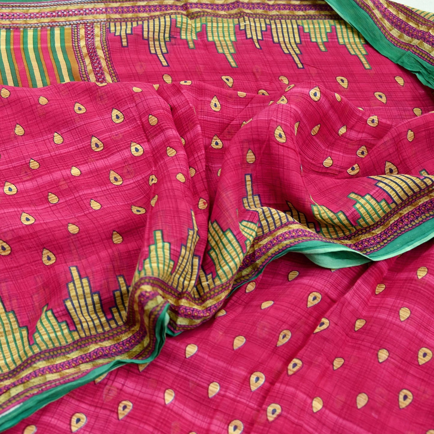Indian Vintage Sari Pink & Green Printed 100% Pure Cotton Sarees Craft Fabric 5Yd Soft Sewing Sarong Wrap Floral Boho Quilting Crafting Used
