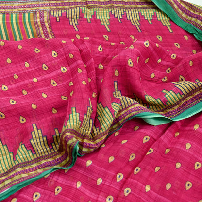 Indian Vintage Sari Pink & Green Printed 100% Pure Cotton Sarees Craft Fabric 5Yd Soft Sewing Sarong Wrap Floral Boho Quilting Crafting Used