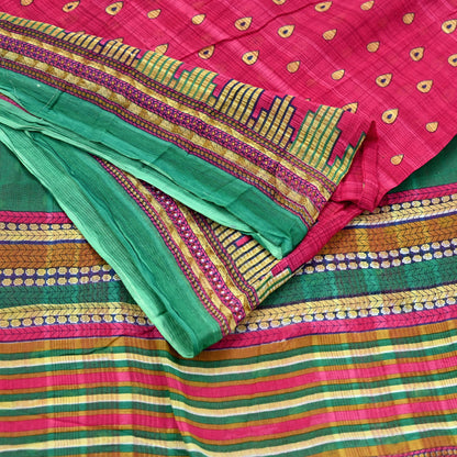 Indian Vintage Sari Pink & Green Printed 100% Pure Cotton Sarees Craft Fabric 5Yd Soft Sewing Sarong Wrap Floral Boho Quilting Crafting Used