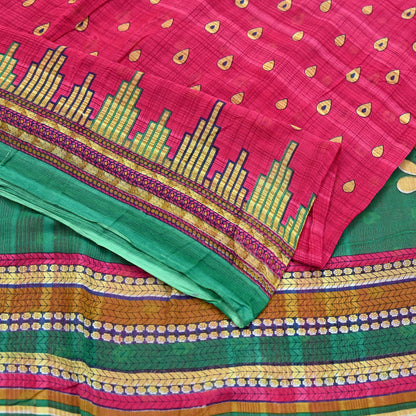 Indian Vintage Sari Pink & Green Printed 100% Pure Cotton Sarees Craft Fabric 5Yd Soft Sewing Sarong Wrap Floral Boho Quilting Crafting Used