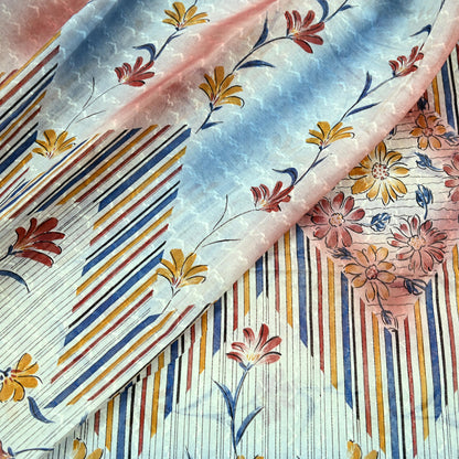 Indian Vintage Sari Blue & Ivory Printed Pure Cotton Sarees Craft Fabric 5Yd Sewing Sarong Wrap Boho Dress making Crafting Quilting