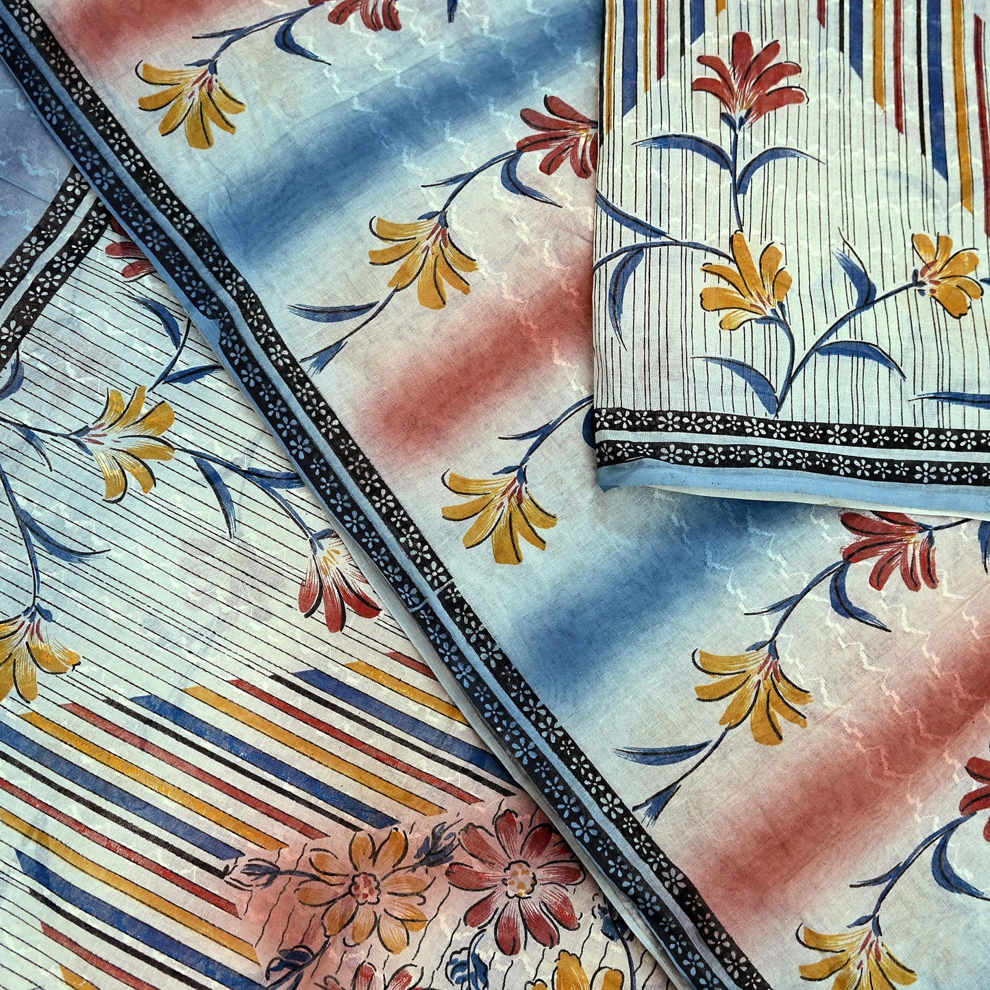 Indian Vintage Sari Blue & Ivory Printed Pure Cotton Sarees Craft Fabric 5Yd Sewing Sarong Wrap Boho Dress making Crafting Quilting