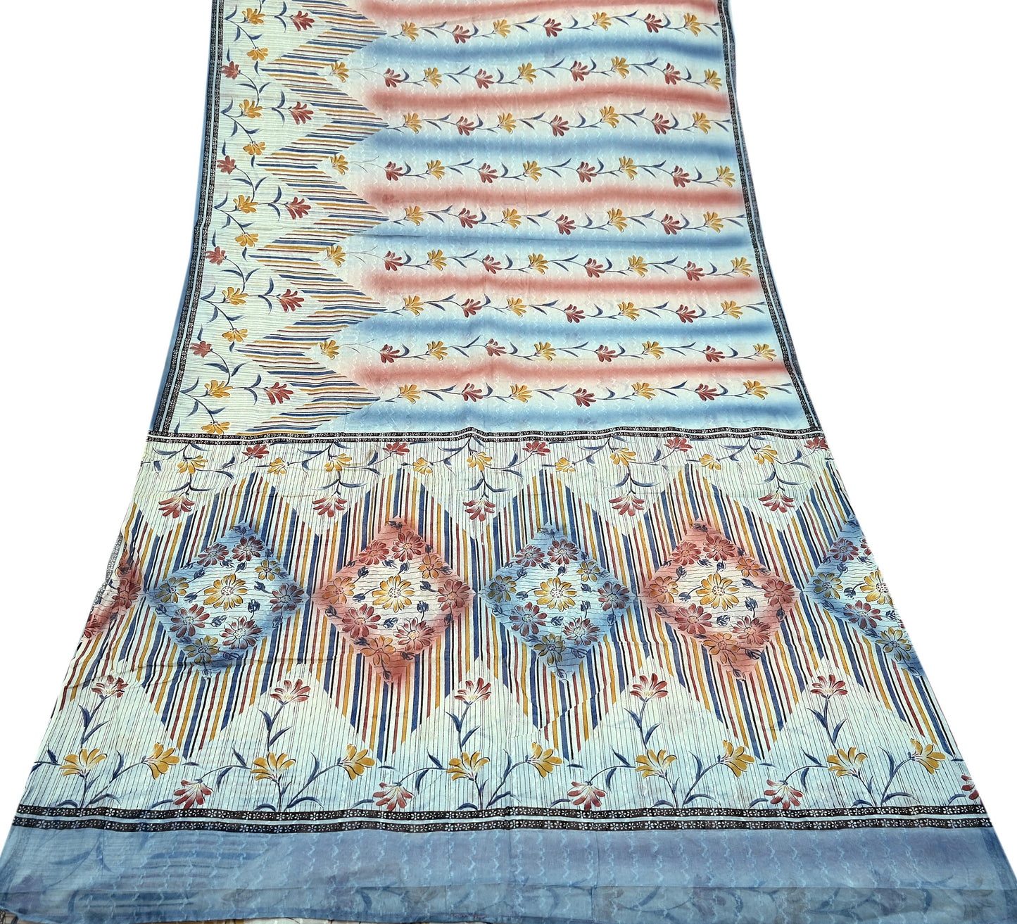 Indian Vintage Sari Blue & Ivory Printed Pure Cotton Sarees Craft Fabric 5Yd Sewing Sarong Wrap Boho Dress making Crafting Quilting