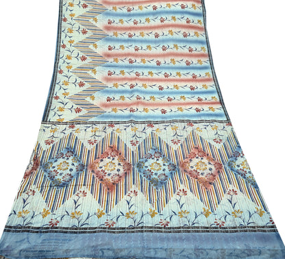 Indian Vintage Sari Blue & Ivory Printed Pure Cotton Sarees Craft Fabric 5Yd Sewing Sarong Wrap Boho Dress making Crafting Quilting