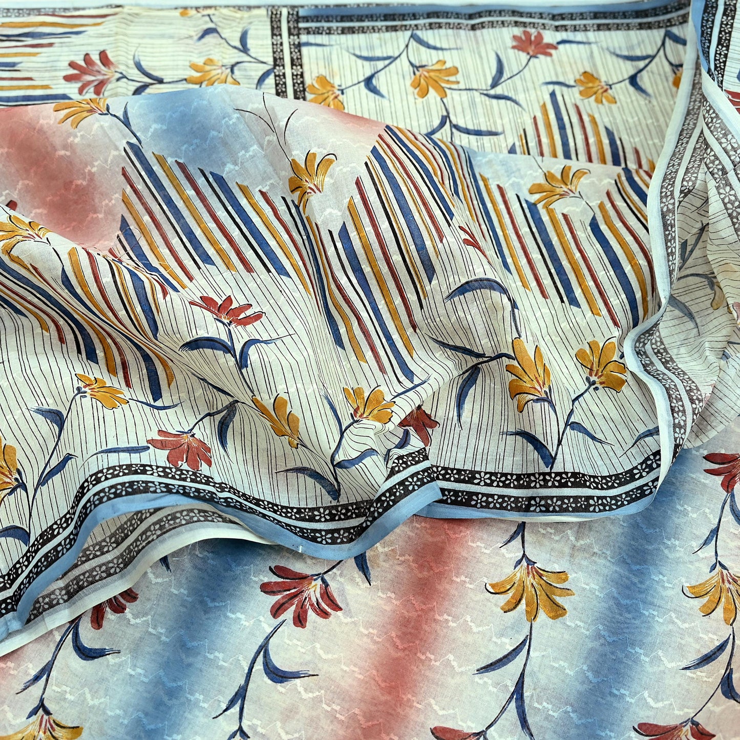 Indian Vintage Sari Blue & Ivory Printed Pure Cotton Sarees Craft Fabric 5Yd Sewing Sarong Wrap Boho Dress making Crafting Quilting