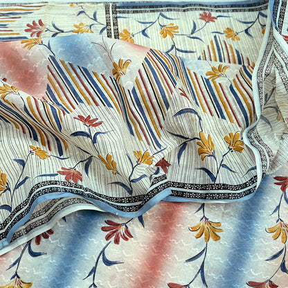 Indian Vintage Sari Blue & Ivory Printed Pure Cotton Sarees Craft Fabric 5Yd Sewing Sarong Wrap Boho Dress making Crafting Quilting