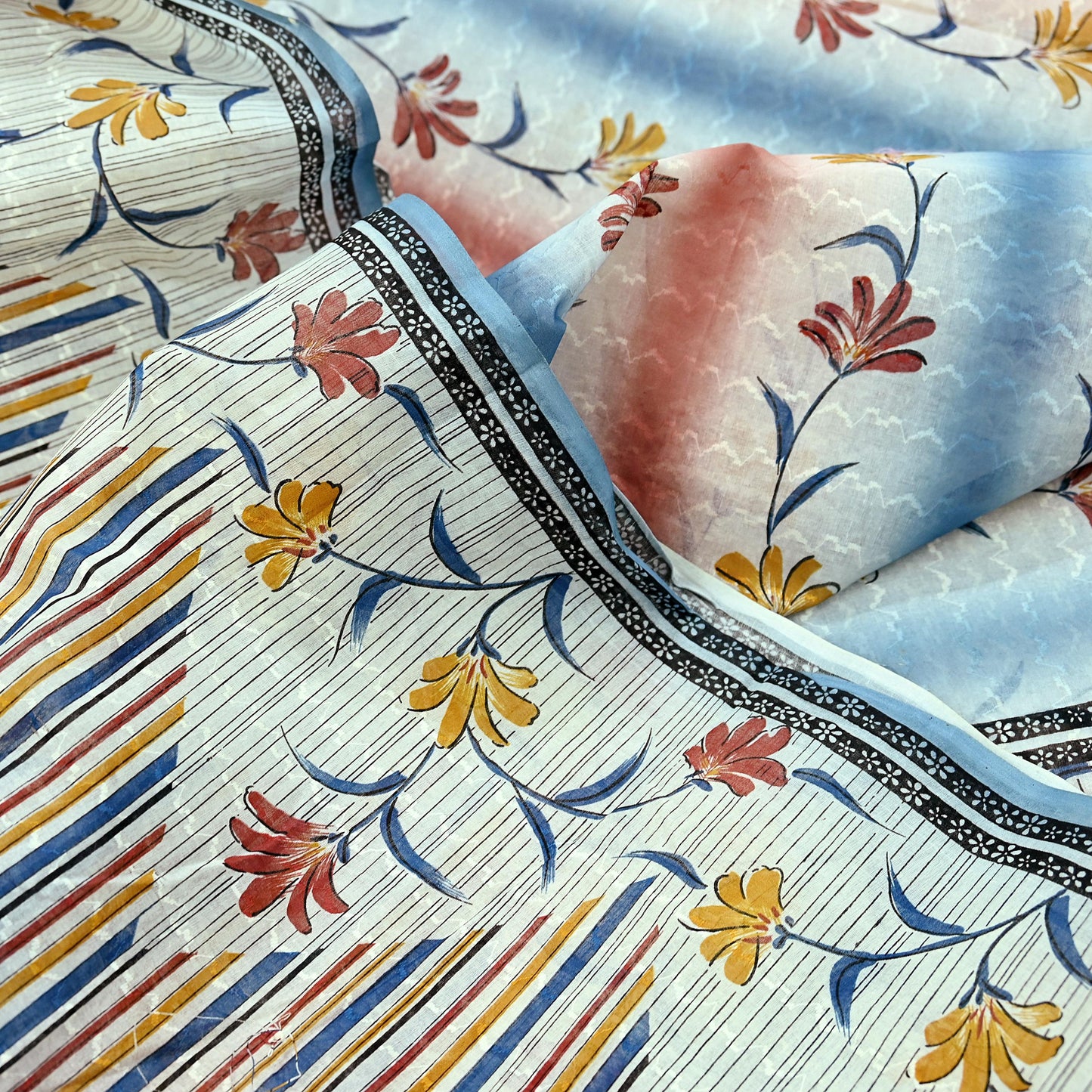 Indian Vintage Sari Blue & Ivory Printed Pure Cotton Sarees Craft Fabric 5Yd Sewing Sarong Wrap Boho Dress making Crafting Quilting