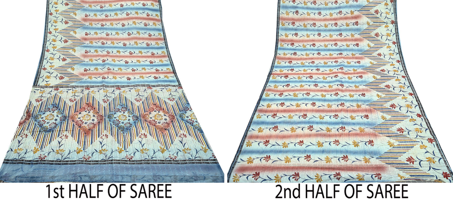 Indian Vintage Sari Blue & Ivory Printed Pure Cotton Sarees Craft Fabric 5Yd Sewing Sarong Wrap Boho Dress making Crafting Quilting