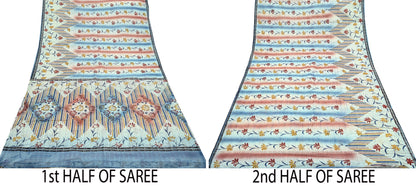 Indian Vintage Sari Blue & Ivory Printed Pure Cotton Sarees Craft Fabric 5Yd Sewing Sarong Wrap Boho Dress making Crafting Quilting