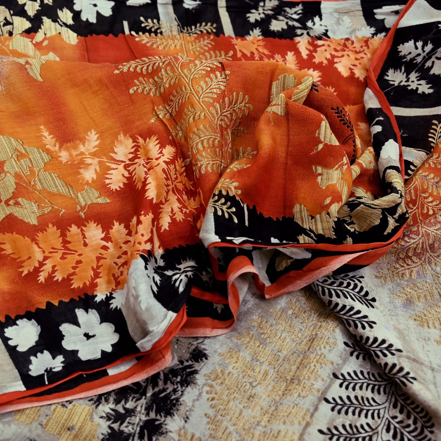 Indian Vintage Orange & Cream Saree Printed Pure Cotton Sari Craft Fabric Soft 5Yd Sewing Sarong Wrap Boho Dress making Quilting Upcycle