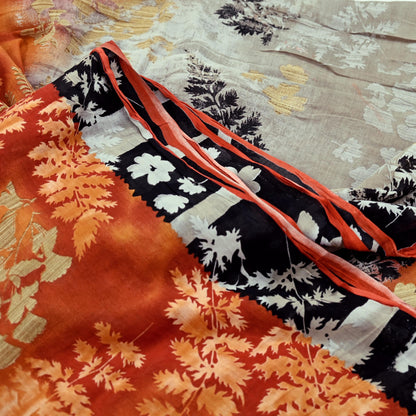 Indian Vintage Orange & Cream Saree Printed Pure Cotton Sari Craft Fabric Soft 5Yd Sewing Sarong Wrap Boho Dress making Quilting Upcycle