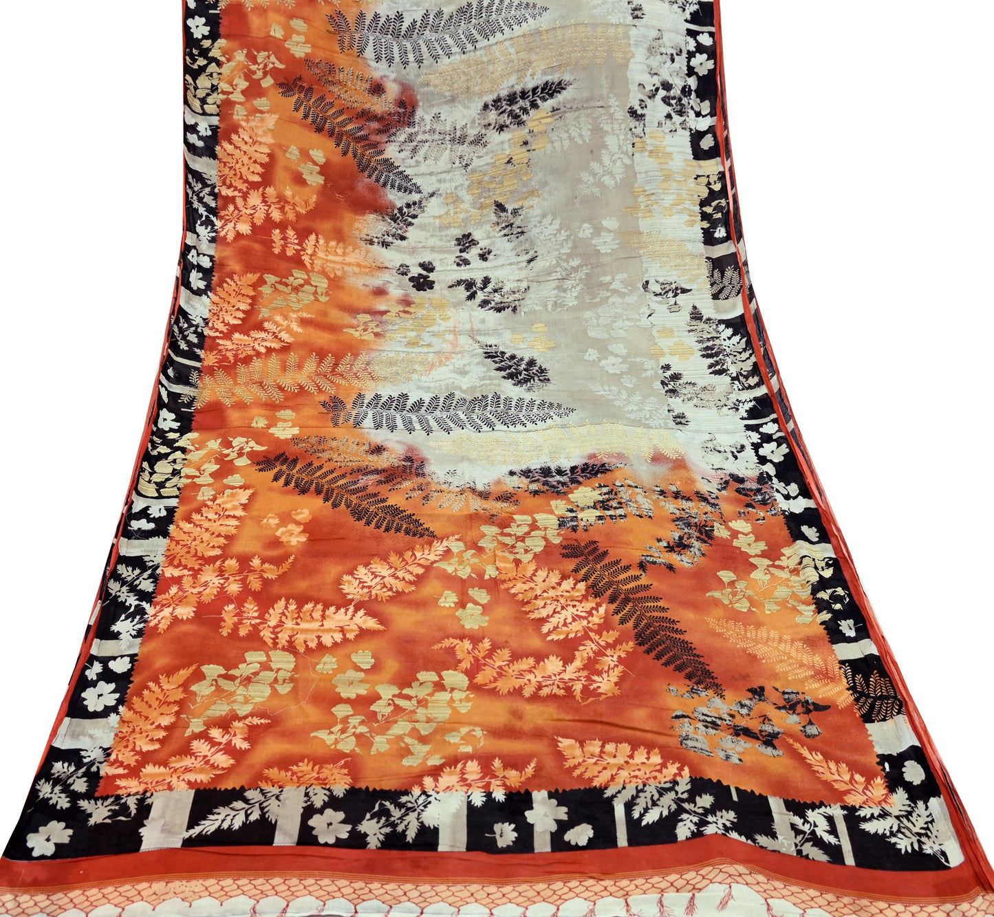Indian Vintage Orange & Cream Saree Printed Pure Cotton Sari Craft Fabric Soft 5Yd Sewing Sarong Wrap Boho Dress making Quilting Upcycle
