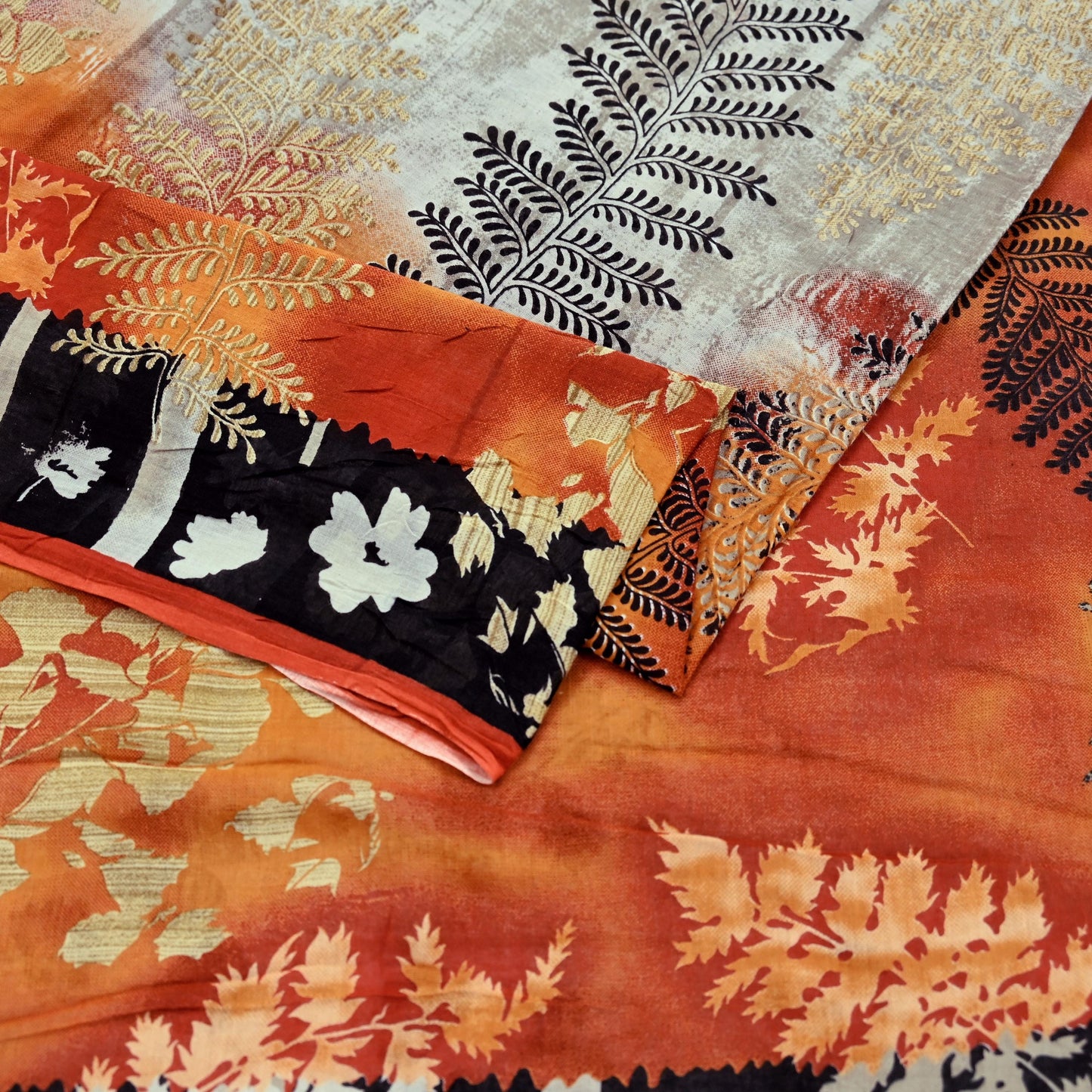 Indian Vintage Orange & Cream Saree Printed Pure Cotton Sari Craft Fabric Soft 5Yd Sewing Sarong Wrap Boho Dress making Quilting Upcycle