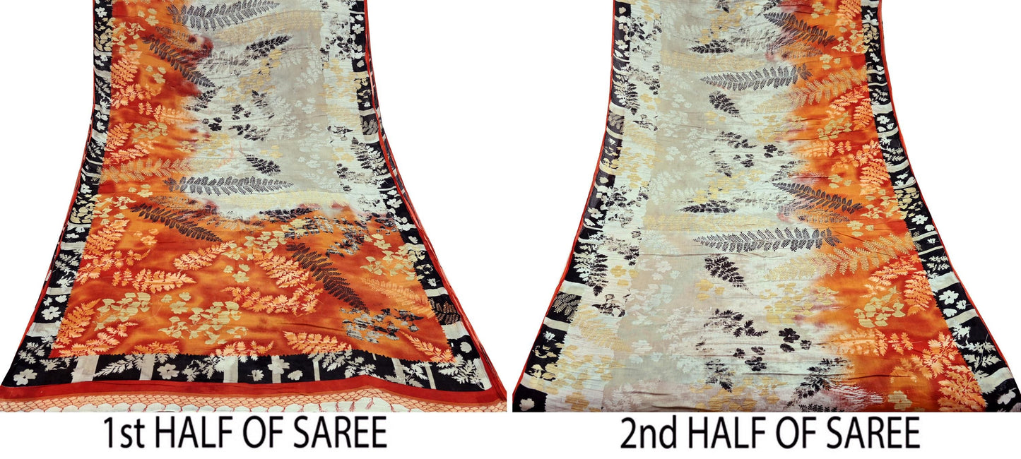 Indian Vintage Orange & Cream Saree Printed Pure Cotton Sari Craft Fabric Soft 5Yd Sewing Sarong Wrap Boho Dress making Quilting Upcycle