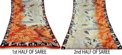 Indian Vintage Orange & Cream Saree Printed Pure Cotton Sari Craft Fabric Soft 5Yd Sewing Sarong Wrap Boho Dress making Quilting Upcycle