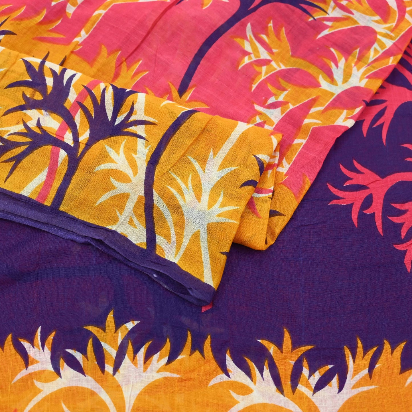 Indian Vintage Sari Pink & Saffron Printed 100% Pure Cotton Sarees Craft Fabric 5Yd Soft Sewing Sarong Wrap Floral Boho Quilting Crafting