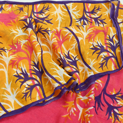 Indian Vintage Sari Pink & Saffron Printed 100% Pure Cotton Sarees Craft Fabric 5Yd Soft Sewing Sarong Wrap Floral Boho Quilting Crafting