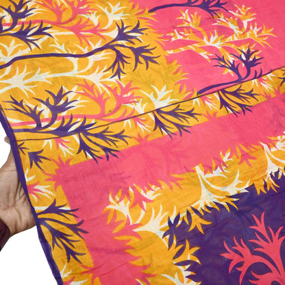 Indian Vintage Sari Pink & Saffron Printed 100% Pure Cotton Sarees Craft Fabric 5Yd Soft Sewing Sarong Wrap Floral Boho Quilting Crafting
