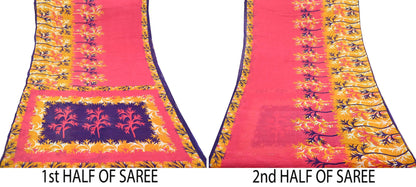 Indian Vintage Sari Pink & Saffron Printed 100% Pure Cotton Sarees Craft Fabric 5Yd Soft Sewing Sarong Wrap Floral Boho Quilting Crafting