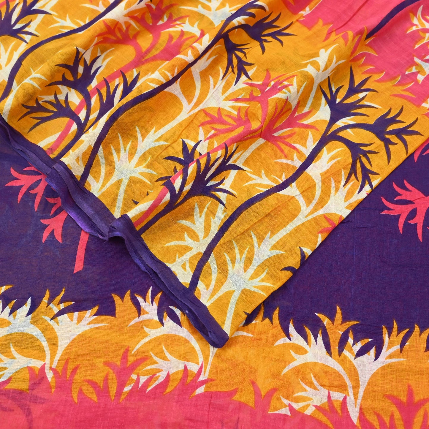 Indian Vintage Sari Pink & Saffron Printed 100% Pure Cotton Sarees Craft Fabric 5Yd Soft Sewing Sarong Wrap Floral Boho Quilting Crafting